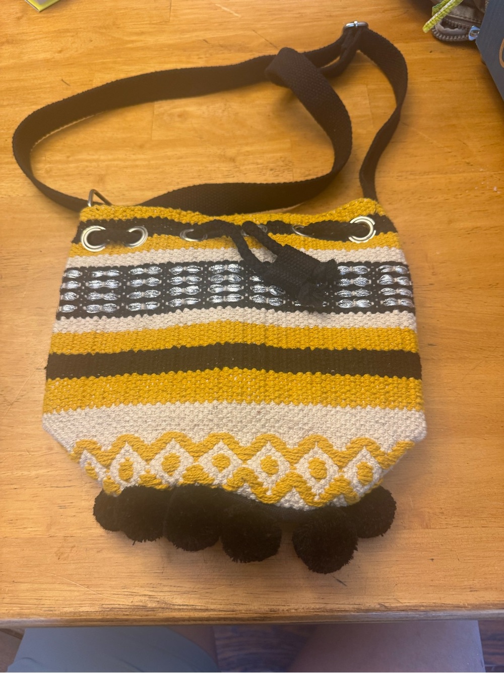 Woven Pom-Pom Crossbody Bag in Mustard & Black